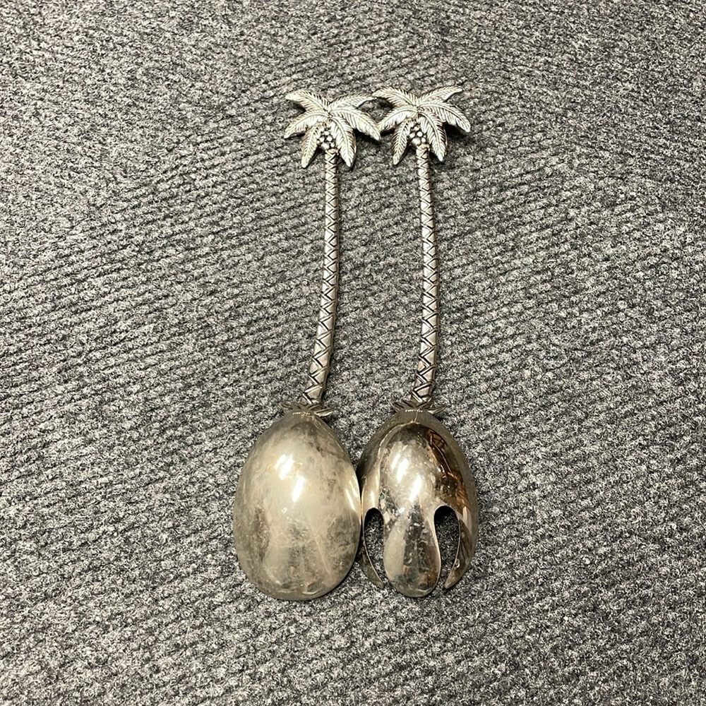 Godinger Palm Tree Large Salad Serving Set Silver Dinnerware Serving Tongs - Picture 4 of 6